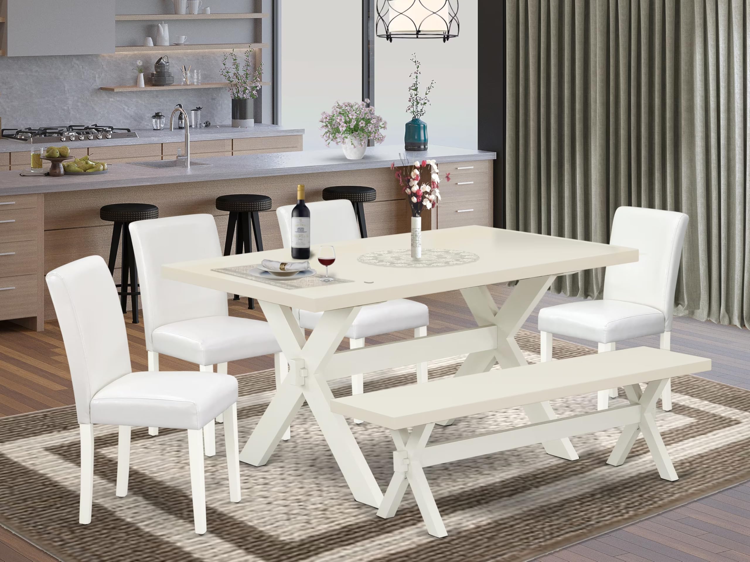 East West Furniture X026Ab264-6 6 Piece Dining Table Set Contains A Rectangle Dining Room Table With X-Legs And 4 White Faux Leather Parson Chairs With A Bench, 36X60 Inch, Multi-Color